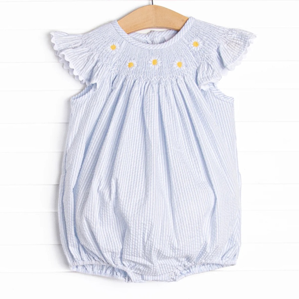 Stitchy Fish Daisies Go By Smocked Bubble - Blue